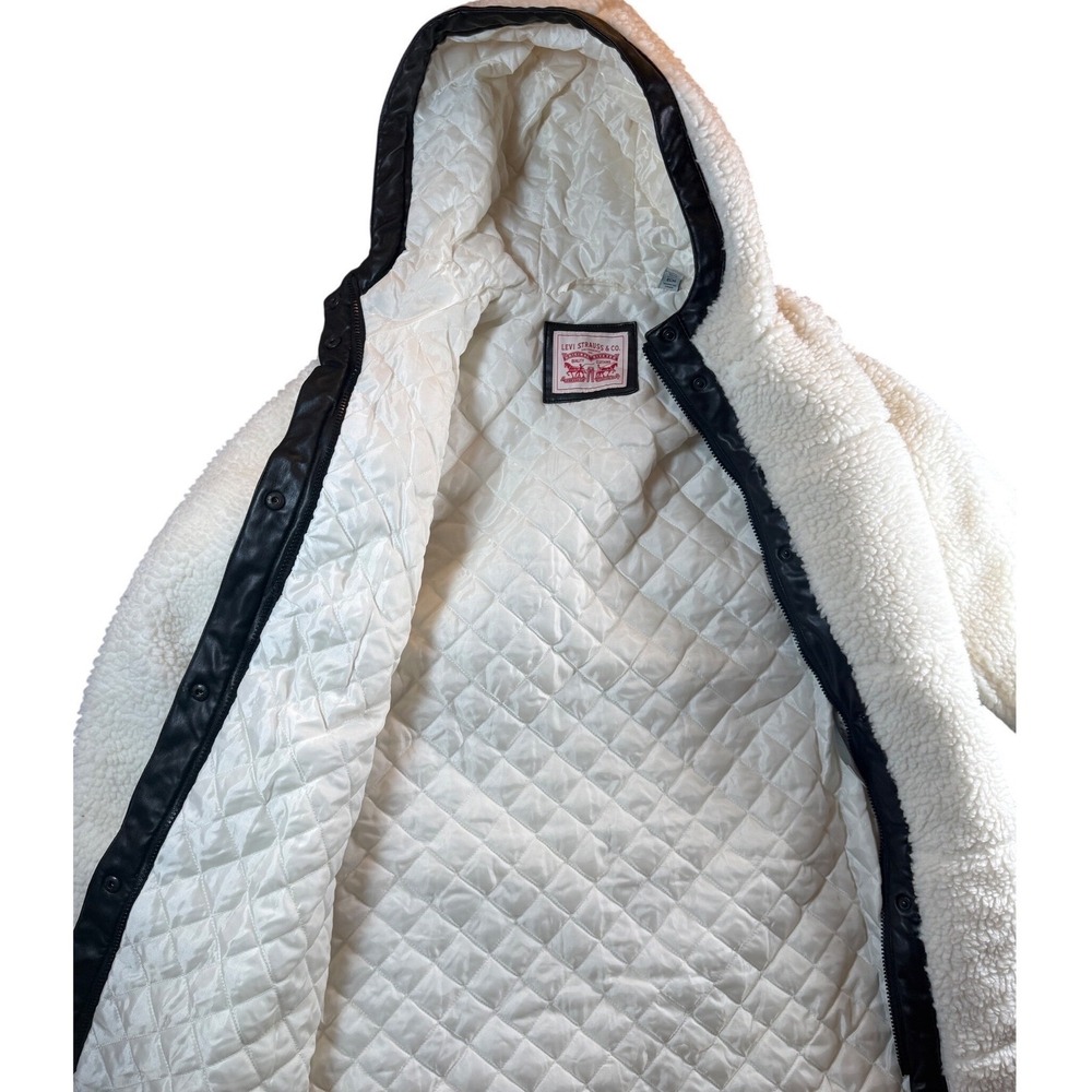 Levi's Sherpa Hooded Long Coat Women XS Cream Faux Leather Trim LW2RS136 - Picture 13 of 14
